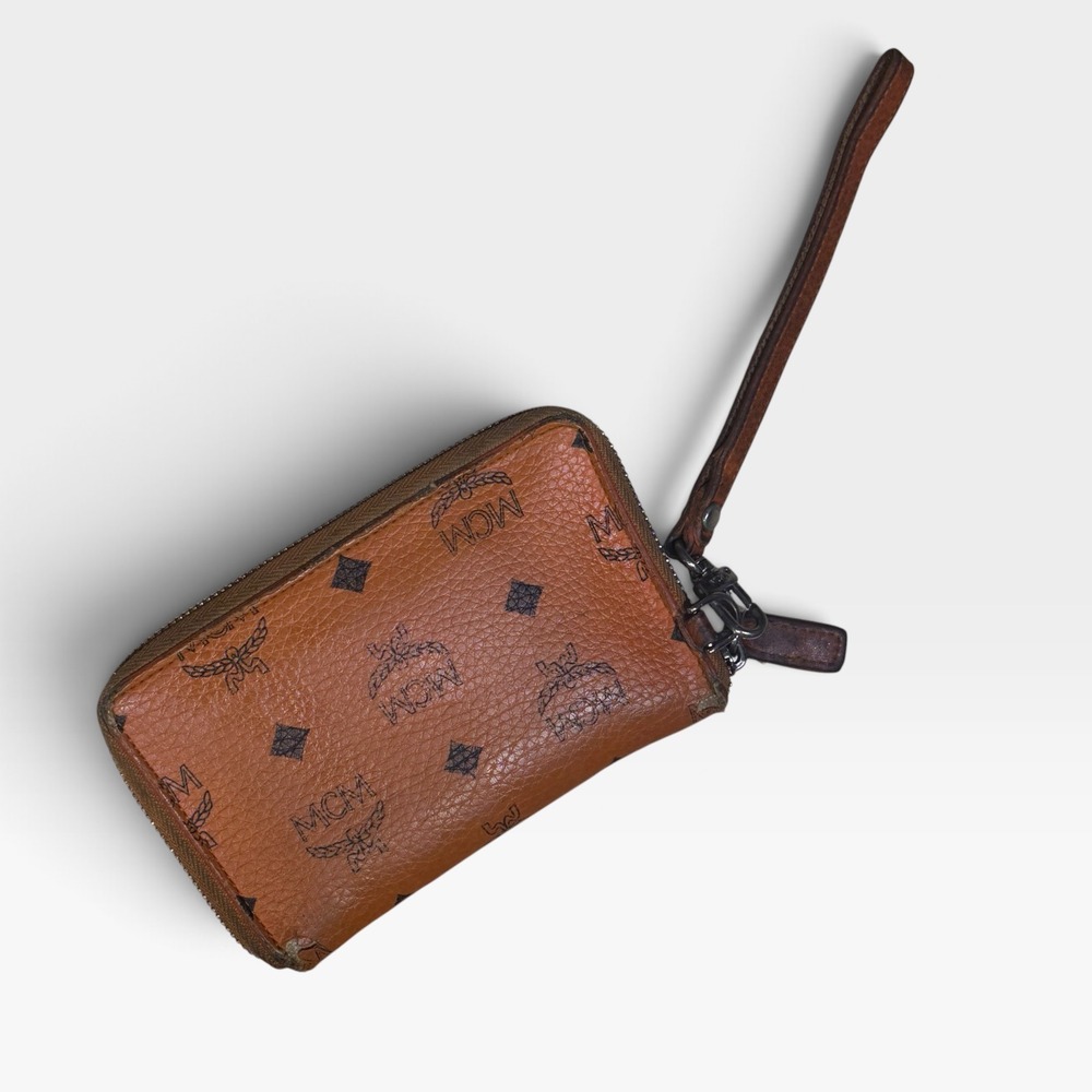MCM Visetos Monogram Zip Around Wristlet Wallet Cognac Brown Logo